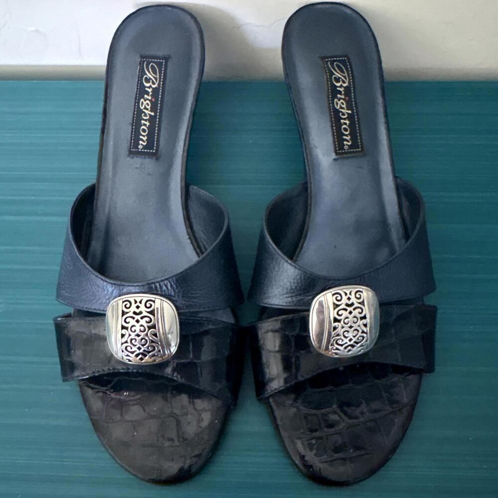 Brighton Kaye Blue Italian Leather & Croc Kitten Heel Mules